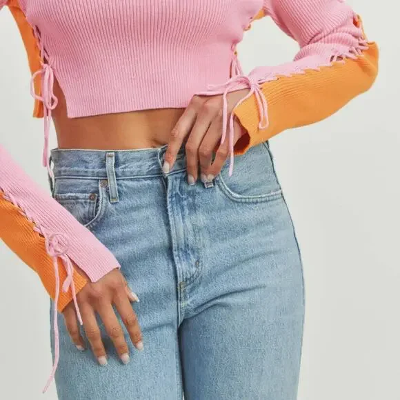 ButterMelon Pink and Orange Lace Up Sweater Size Small Ribbed Crop Top Fashion - Picture 5 of 12